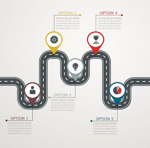 Timeline with business icons. Stepping structure development. 