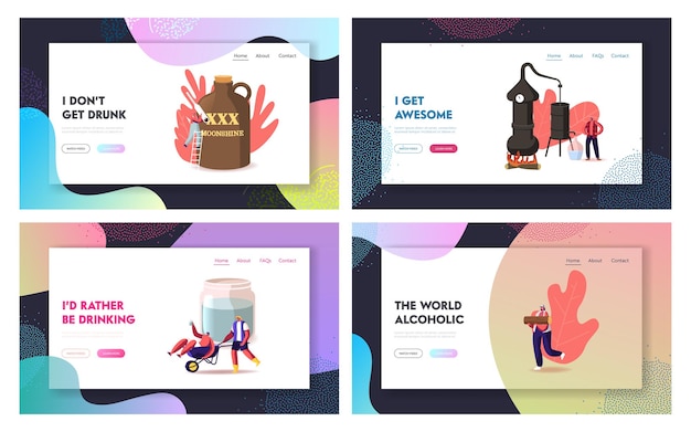 Tiny Characters Make Moonshine at Home Landing Page Template Set.