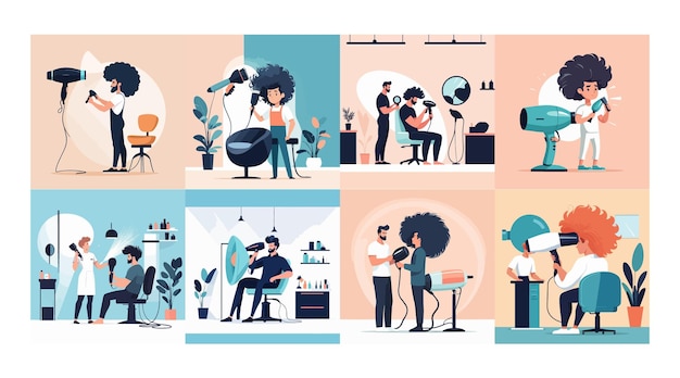 Vector tiny male hairdresser with huge hair dryer flat vector illustration man working in salon hair style service beauty concept