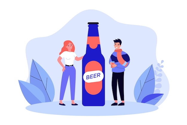 Tiny young people standing near beer glass bottle Happy adult person drinking cold alcohol from cup flat vector illustration Brewery bar concept for banner website design or landing web page