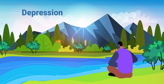 Tired depressed man sitting near river unhappy guy feeling desperate mental health diseases depression concept