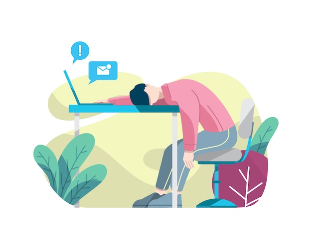 Tired man sleeping at work vector illustration