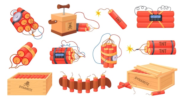 Vector tnt dynamite cartoon bomb with burning wick and explosive detonator red stick box mining blast charge destroy firecracker miniature fuse burning