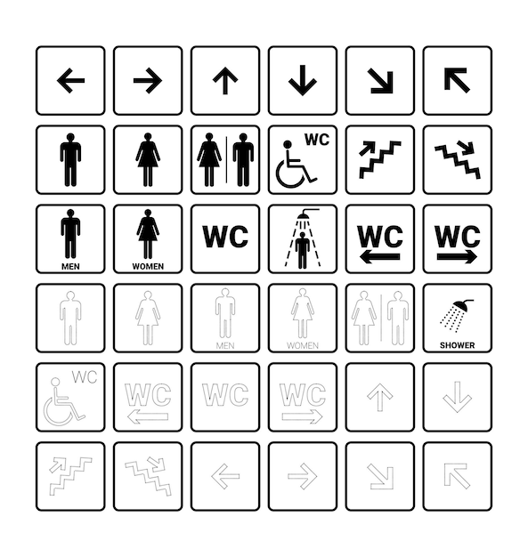 Vector toilet line icon set wc sign menwomen mothe with babi and handicap symbol restroom for males