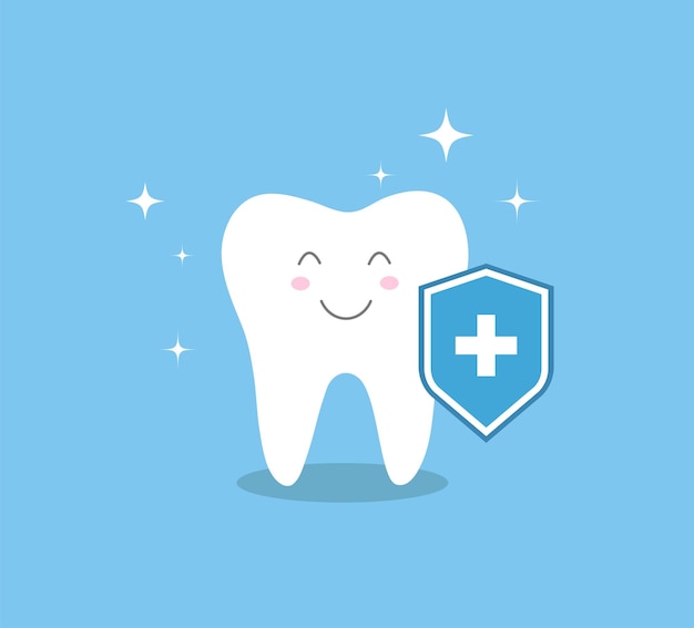 Vector tooth cute cartoon character with shield icon tooth protection