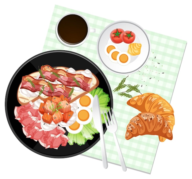 Top view food set croissant and placemat on white background