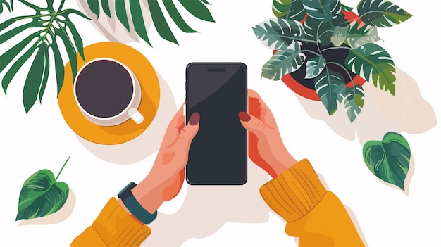 Vector top view of hands holding mobile phone and cup of coffee