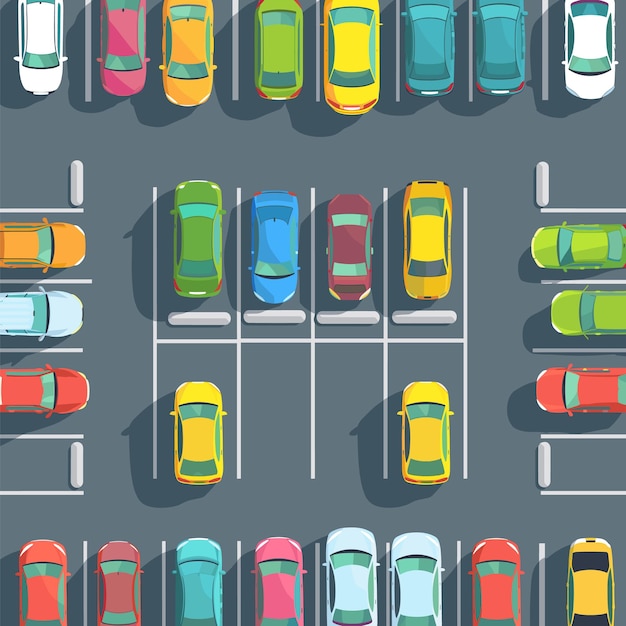 Vector top view parking lot full colorful cars parked neatly within lines urban setting plenty vehicles