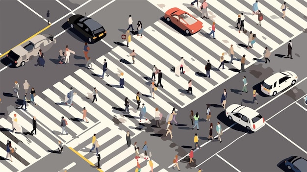 Vector top view of people crossing street busy crowd walking