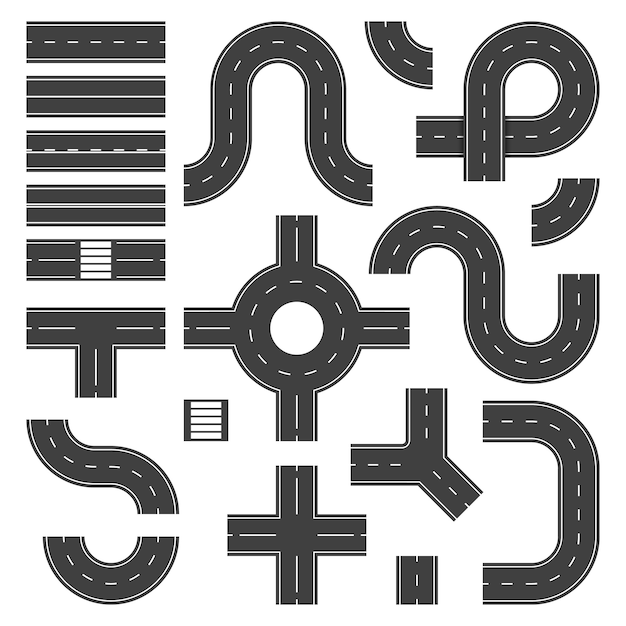 Top view road elements. Street junction and roads objects, asphalt city speedway. Traffic crossroad footpaths  isolated