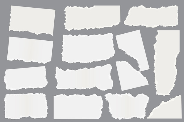 Torn paper set graphic elements in flat design Bundle of different shapes of white ripped paper scraps with empty spaces page pieces with torn ripped edges Vector illustration isolated objects