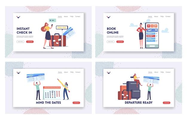 Vector tourists app landing page template set. characters go travel booking tickets using mobile phone. passengers with luggage near huge cellphone with trip application. cartoon people vector illustration