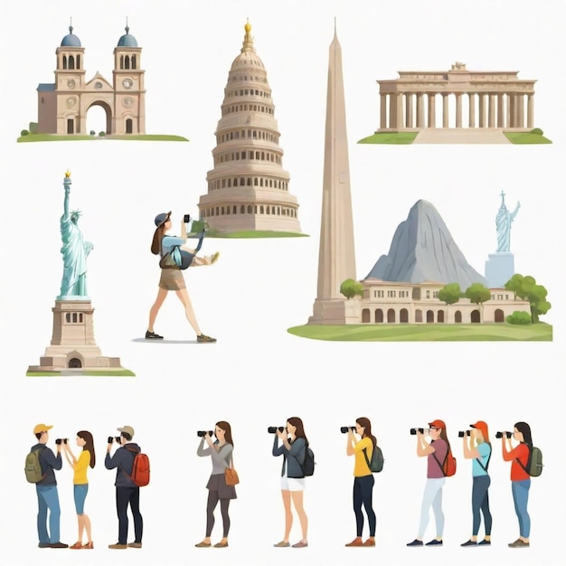 Vector tourists taking photos in front of a landmark vector set white background isolated