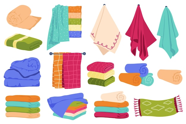 Towels set graphic elements in flat design Bundle of colored towels and napkins of various shapes rolled up lying in pile hanging on bathroom or kitchen wall Vector illustration isolated objects