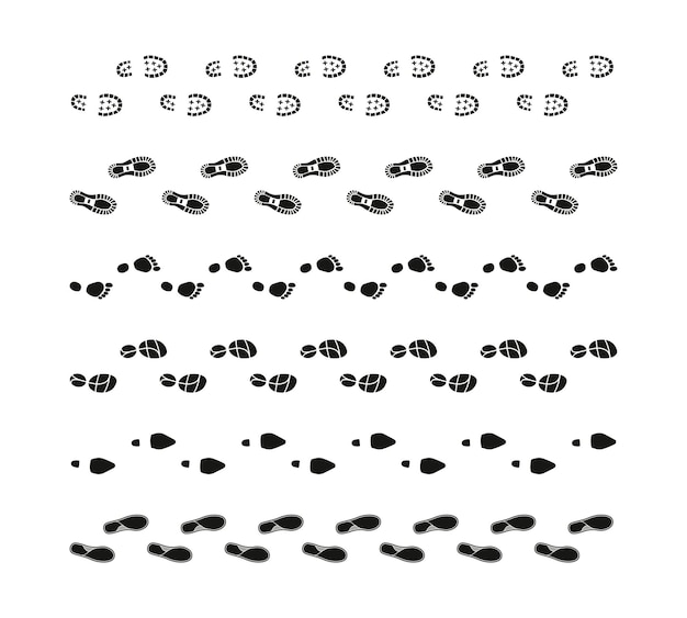 Tracking footprints Human footstep shoe sole trail icons people boots trace silhouette footpath prints hiking route navigation Vector isolated collection