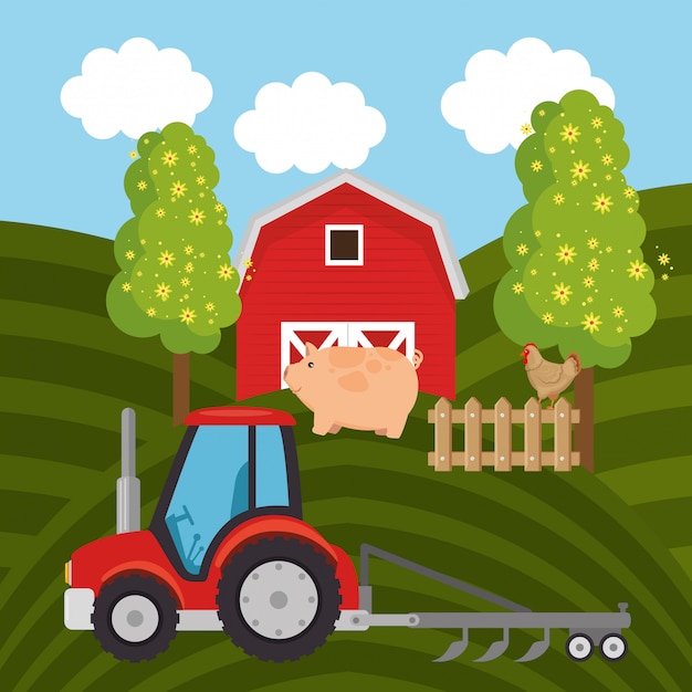 tractor in the farm scene