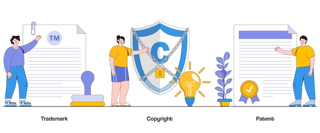 Trademark Copyright and Patent Concept with Character Intellectual Property Abstract Vector Illustration Set Innovation Creativity and Protection Metaphor