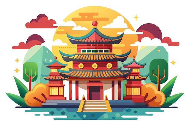 Vector a traditional chinese pagoda with a sunset and surrounding landscape