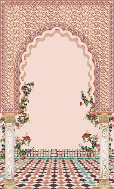 Vector traditional moroccan ethnic arch floor pattern and rose flower islamic arabesque art