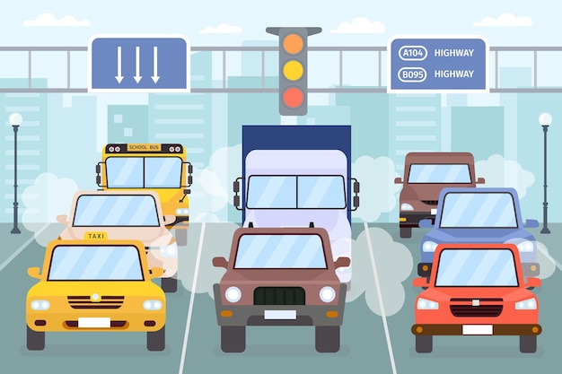 Vector traffic jam. cars on city road smoke, smog and exhaust gas. vehicle, taxi, truck and bus urban highway. air pollution vector concept. illustration traffic street, city travel, automobile congestion