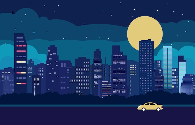 Vector traffic road in city at night with cityscape flat design illustration