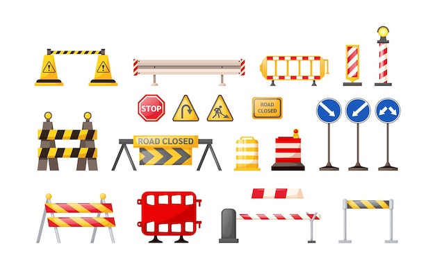 Traffic road repair barriers set Safety barricade roadblocks warning alert signs