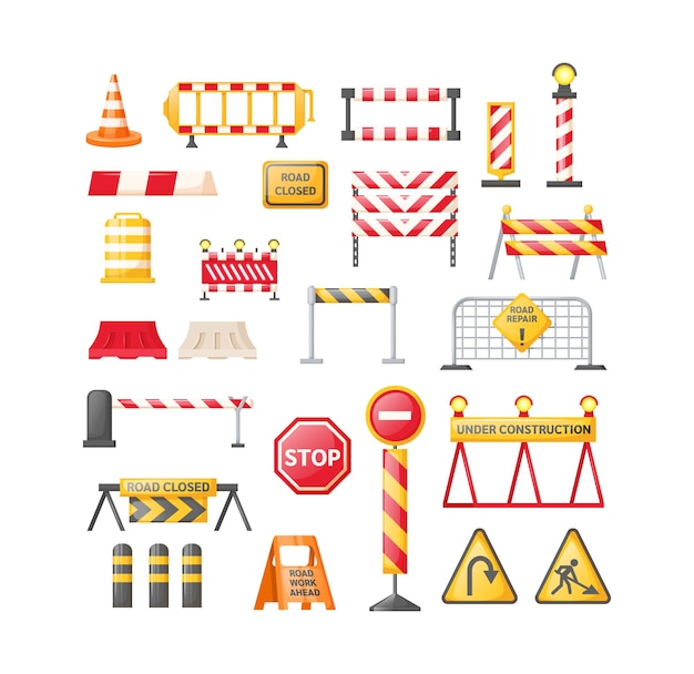 Traffic road repair barriers set, safety barricade, roadblocks, warning alert signs.