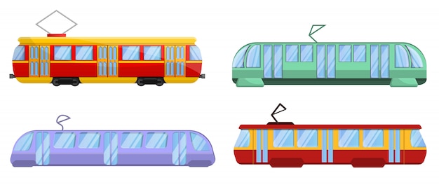 Tram car icons set, cartoon style