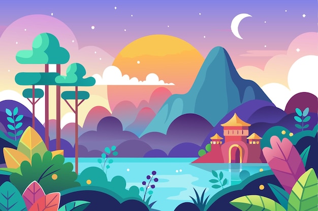 Vector a tranquil mountain lake landscape with a crescent moon and a pagoda