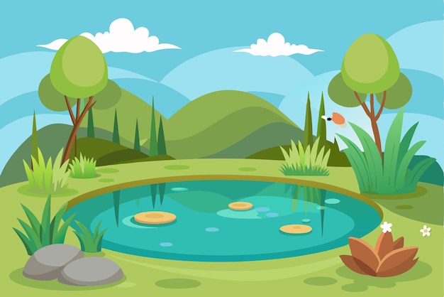 Vector tranquil pond surrounded by lush greenery and hills