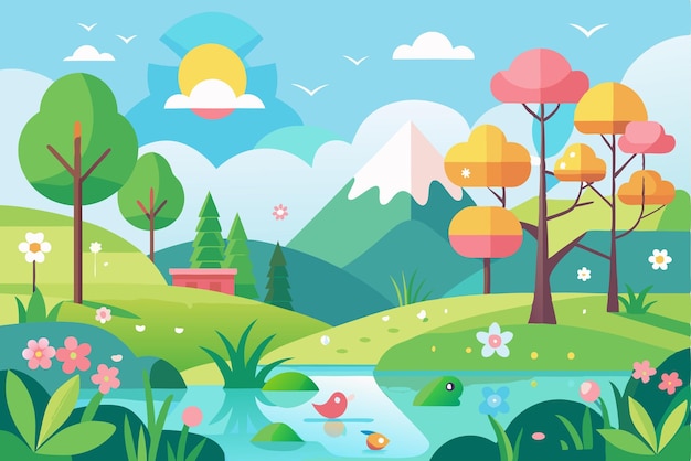 Vector tranquil spring landscape with a winding river and lush greenery