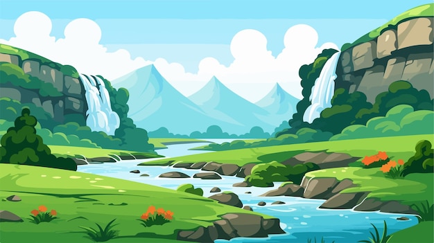 Vector tranquil waterfall and lush green hills landscape illustration