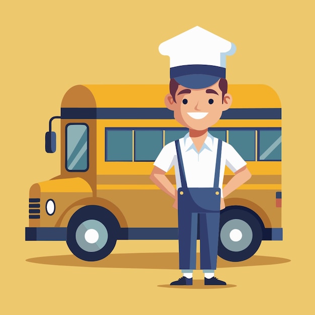 Vector a transparant background caucasian cheerful school bus driver standing on the background of yellow