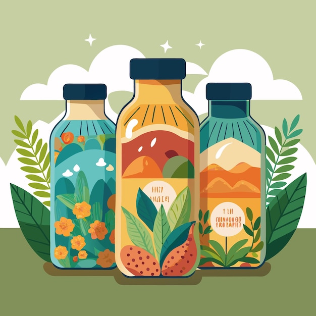 Vector transparent bottled drinks handdrawn illustrations