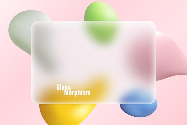 Vector transparent rectangular frame in glass morphism style illustration with abstract colored shapes