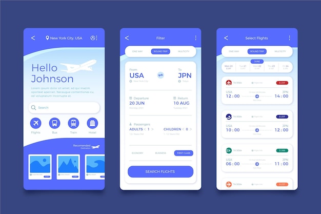 Vector travel booking app screens