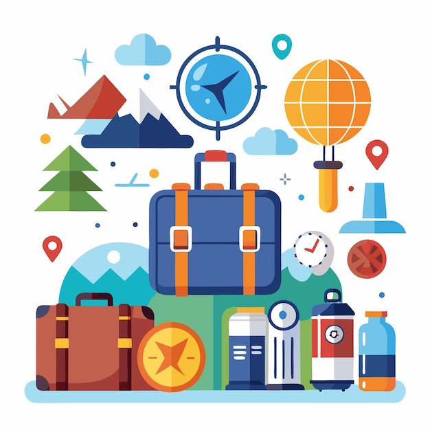 Vector travel essentials for a trip including suitcases compass and travel accessories