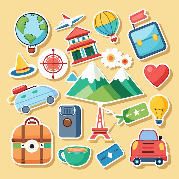 Vector travel stickers explore the world adventure awaits with diverse icons