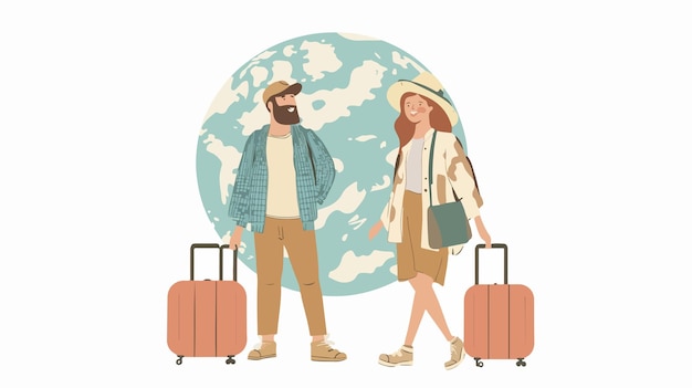 Vector traveling couple with suitcases man and woman in journey adventure concept