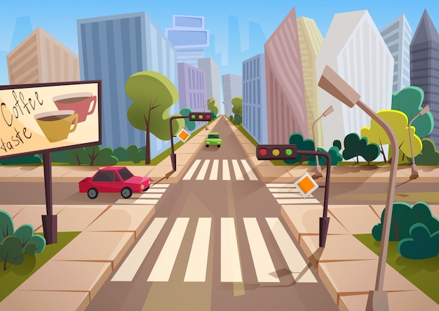 Trendy cartoon city with crossroad street