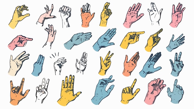 Vector trendy doodle hand drawn set of popular hand gestures