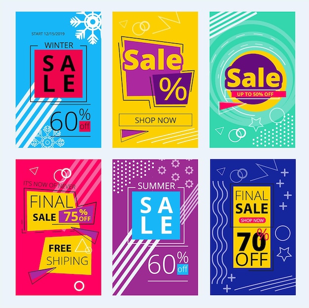 Trendy offers cards Colorful sale banners geometry shapes retro fashion style vector template Sale discount offer poster illustration