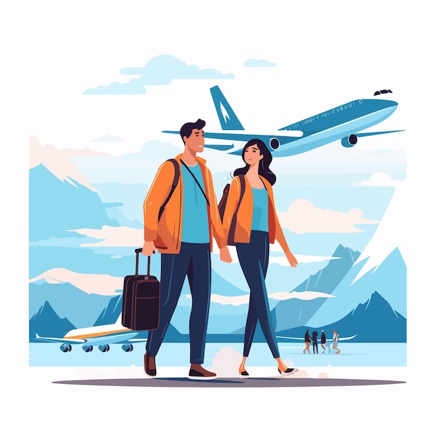 Vector trendy young couple with baby at airport