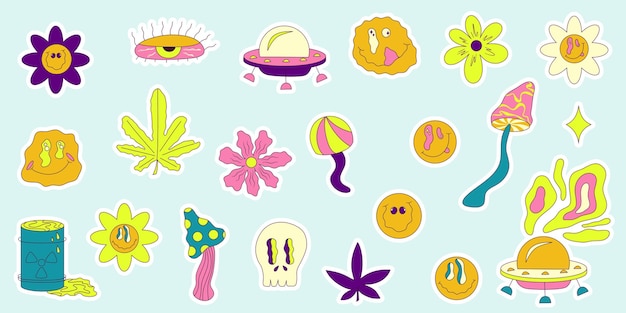 Trippy smile sticker set in pop art y2k style on colorful background Yellow emoji Cartoon vector illustration Hipster trippy smile flower ufo nd cannabis sticker