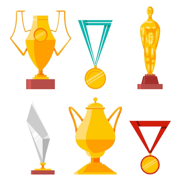 Trophies, medals, cups and awards vector cartoon set isolated on a white background.