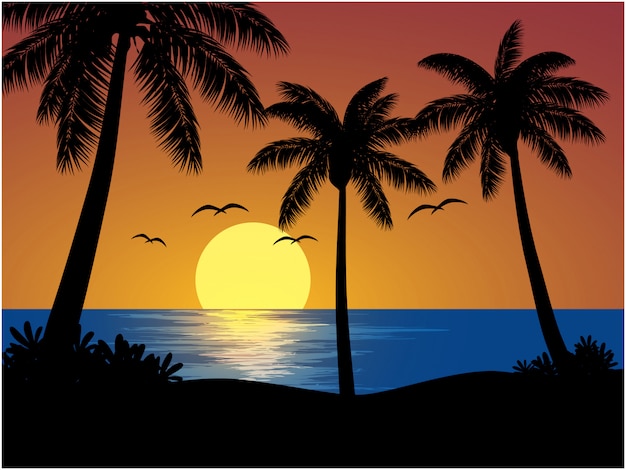 Tropical beach illustration with sunset