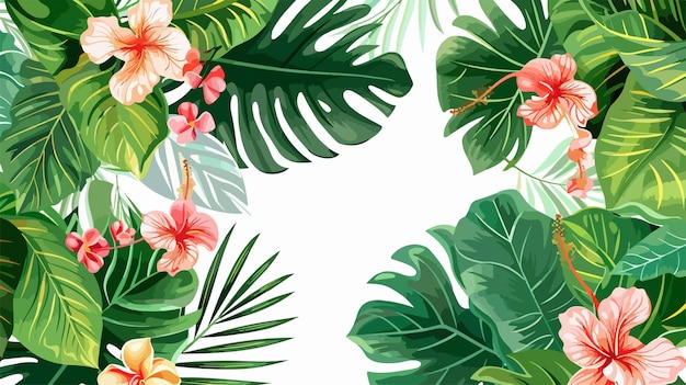 tropical leaves with pink flowers and green leaves on a white background