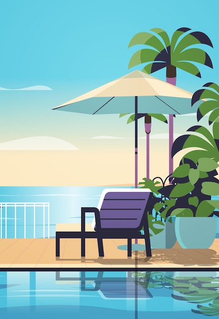 Vector tropical luxury resort hotel beach swimming pool and poolside seating area summer vacation concept seaside background vertical vector illustration