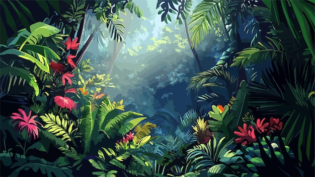 Vector a tropical scene with plants and flowers and the sun shining through the water