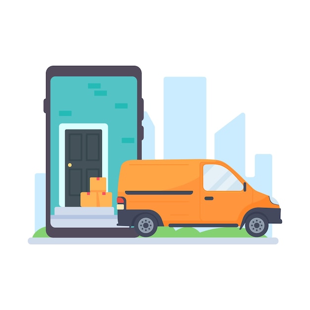 Vector trucks deliver goods to the recipient online ordering concept